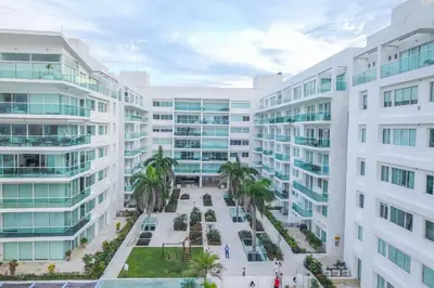 an aerial view of two large white buildings at Cartagena Genius Morros frente al mar in Cartagena de Indias