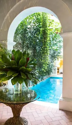 a table with a plant on it next to a pool at Hotel Casa Don Sancho By Mustique in Cartagena de Indias