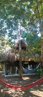 a hammock in front of a hut with a tree at El Viejo del Mar in San Bernardo del Viento