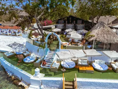 an aerial view of a resort with a water park at Bora Bora Beach Club Cartagena in Isla Grande