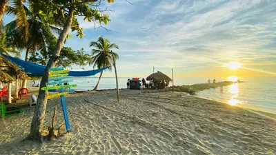 a beach with palm trees and the ocean at sunset at Cabaña pescador de colores in Coveñas