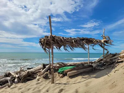 a hut on a beach next to the ocean at BREES in Santa Veronica