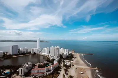 an aerial view of a city and the ocean at Laurdhomes Palmetto Beach Sea View, for working in Cartagena de Indias