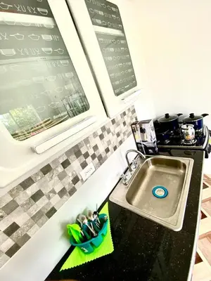 a kitchen counter with a sink and a stove at Apartamentos Rincón Garcia in Cartagena de Indias