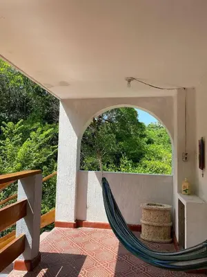 a hammock in a room with a view of trees at Hotel Villa Mary Apartaestudios playa in Puerto Colombia