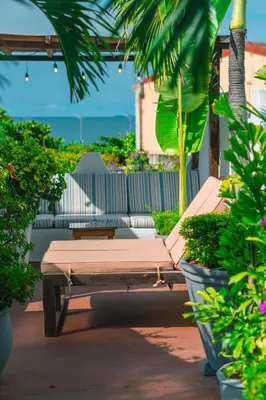 a wooden bench sitting on a patio with plants at Hotel Kartaxa in Cartagena de Indias