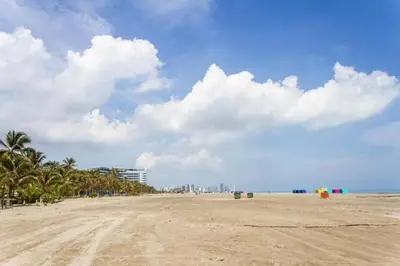 a sandy beach with palm trees and a city at Cerca al Hotel Americas Ctgna Spiaggia Morros Piscina playa in Cartagena de Indias