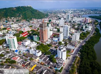 an aerial view of a city with tall buildings at Hostal-Mirador La Popa in Cartagena de Indias