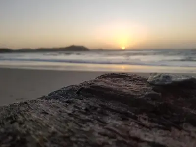 a rock on the beach with the sunset in the background at California House in Santa Veronica