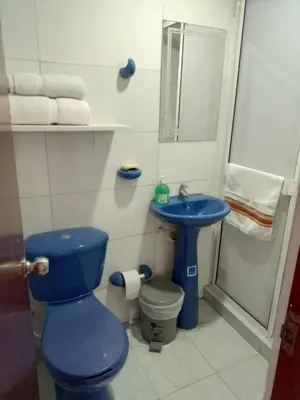 a bathroom with a blue toilet and a sink at Alojamiento San Felipe in Cartagena de Indias