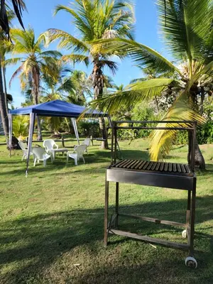 a bench in a park with a gazebo and palm trees at Cabana Ferrer in Notecebes
