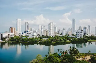 a city skyline with a large body of water at Cartagena apto estudio piso 12 frente a la playa in Cartagena de Indias